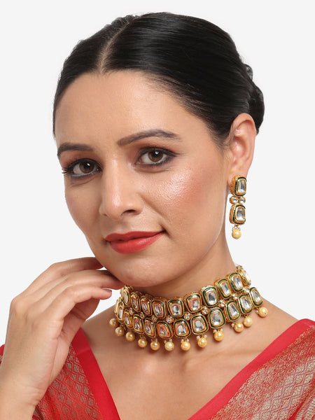 White Gold Toned Meenakari Kundan Choker With Earrings - Ruby Raang