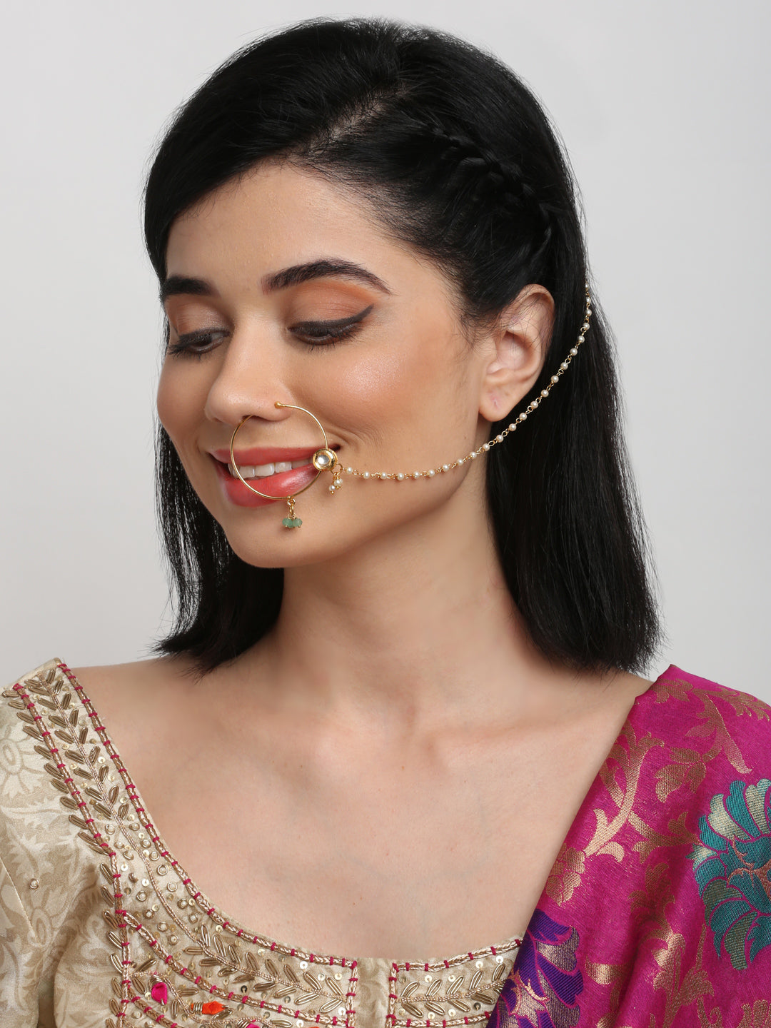 Gold Plated Kundan Nose Ring - Ruby Raang - Distacart