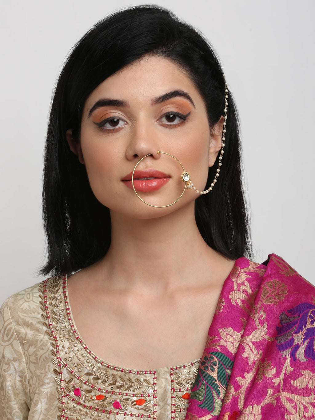 Gold Plated Tear Drop Kundan Nose Ring - Ruby Raang - Distacart