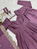 Lorenvalley Fashion Mauve Pure Roman Silk Chanderi Fabric Fully Flared Anarkali Pant With Dupatta Set - Mauve