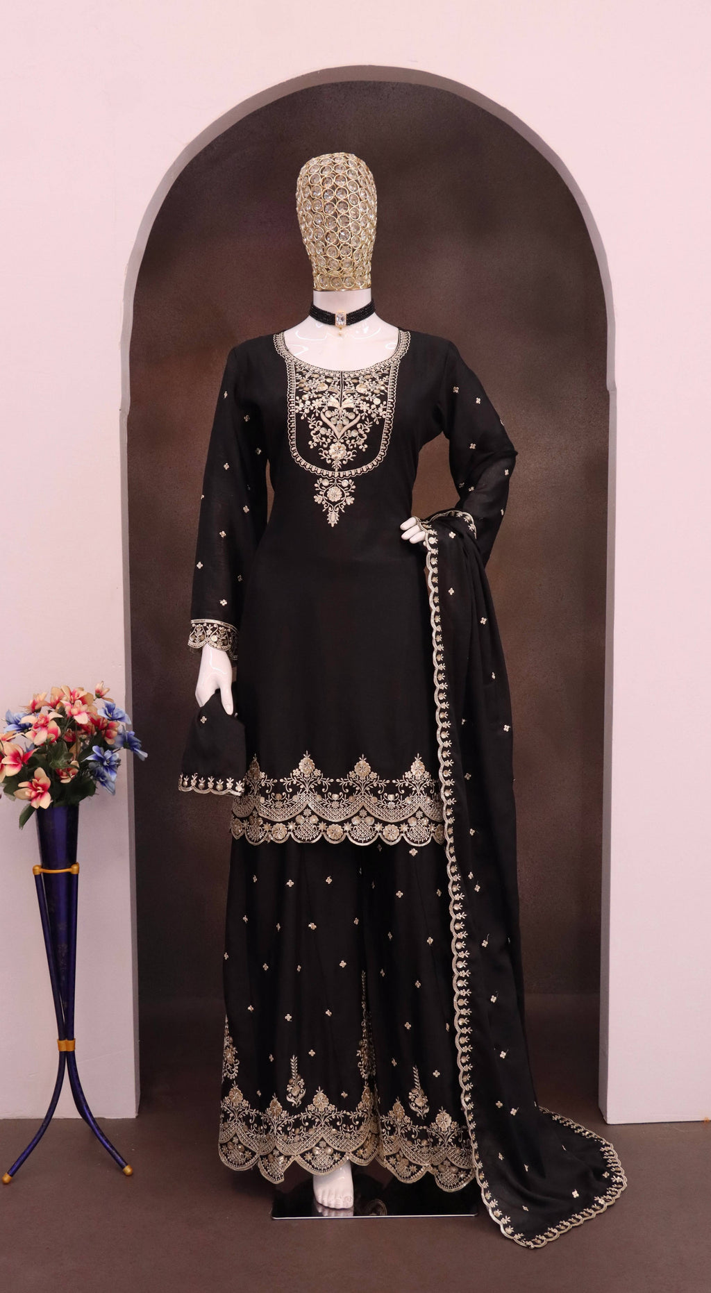 Evanik Black Chiffon with Embroidery Sequence, Thread Work Palazzo Set