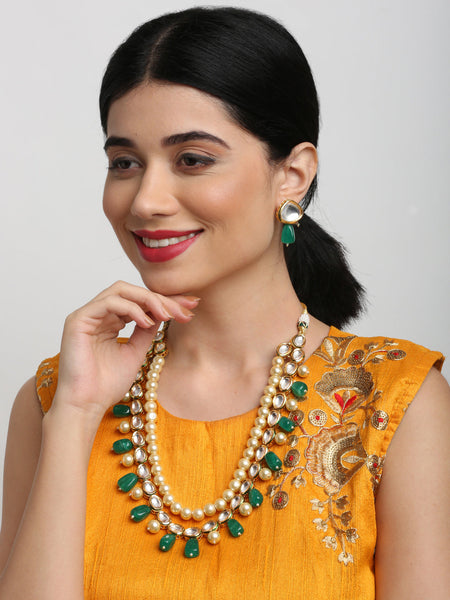Long Kundan Neckpiece With Earrings - Ruby Raang