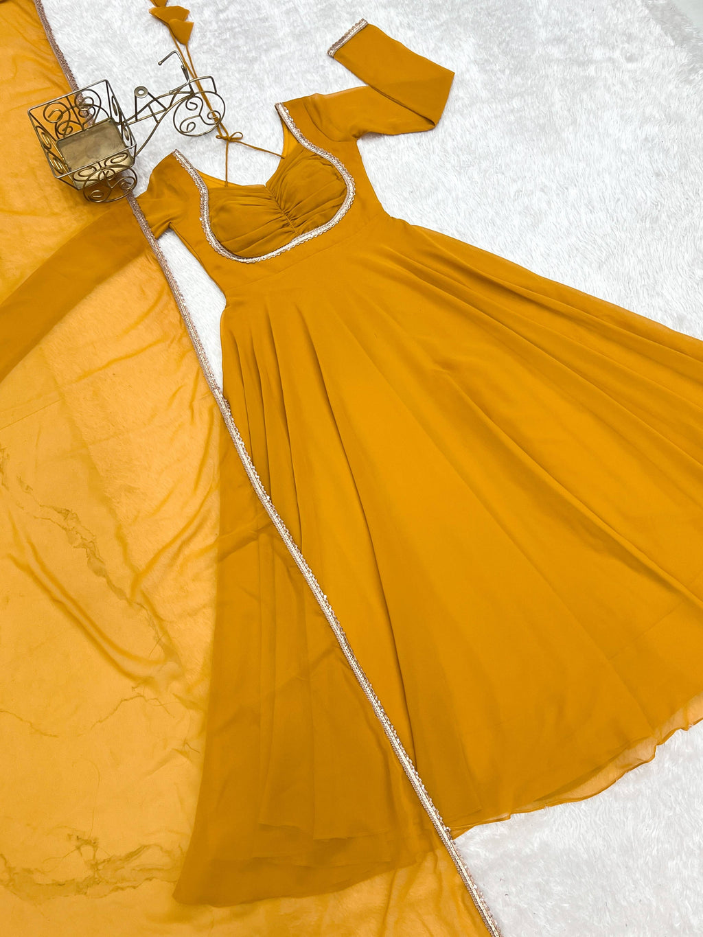 Evanik Yellow Georgette Plain Fully Flair Gown Dupatta - Distacart