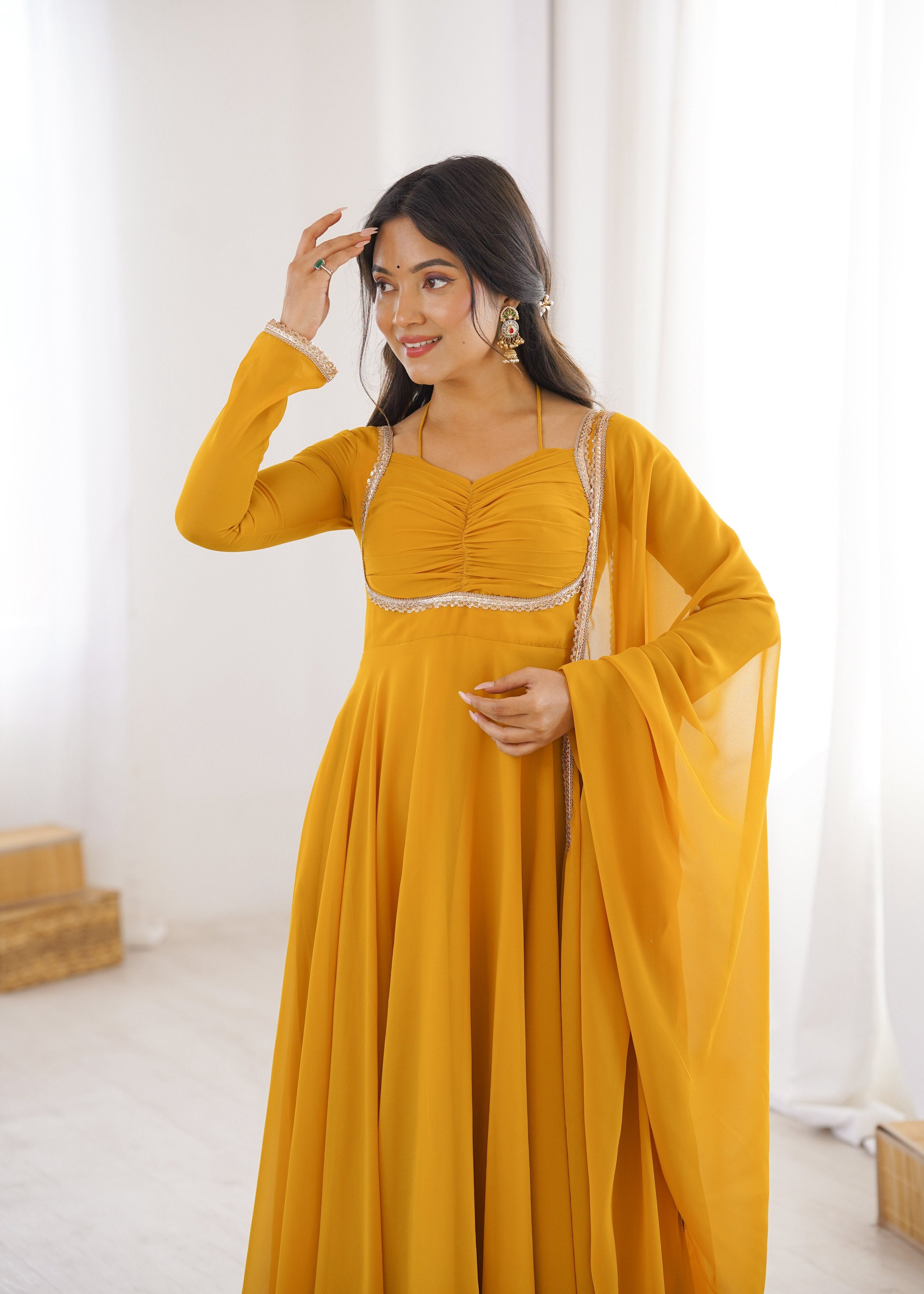 Evanik Yellow Georgette Plain Fully Flair Gown Dupatta - Distacart