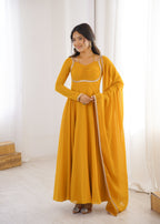 Evanik Yellow Georgette Plain Fully Flair Gown Dupatta - Distacart