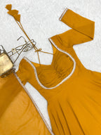 Evanik Yellow Georgette Plain Fully Flair Gown Dupatta - Distacart