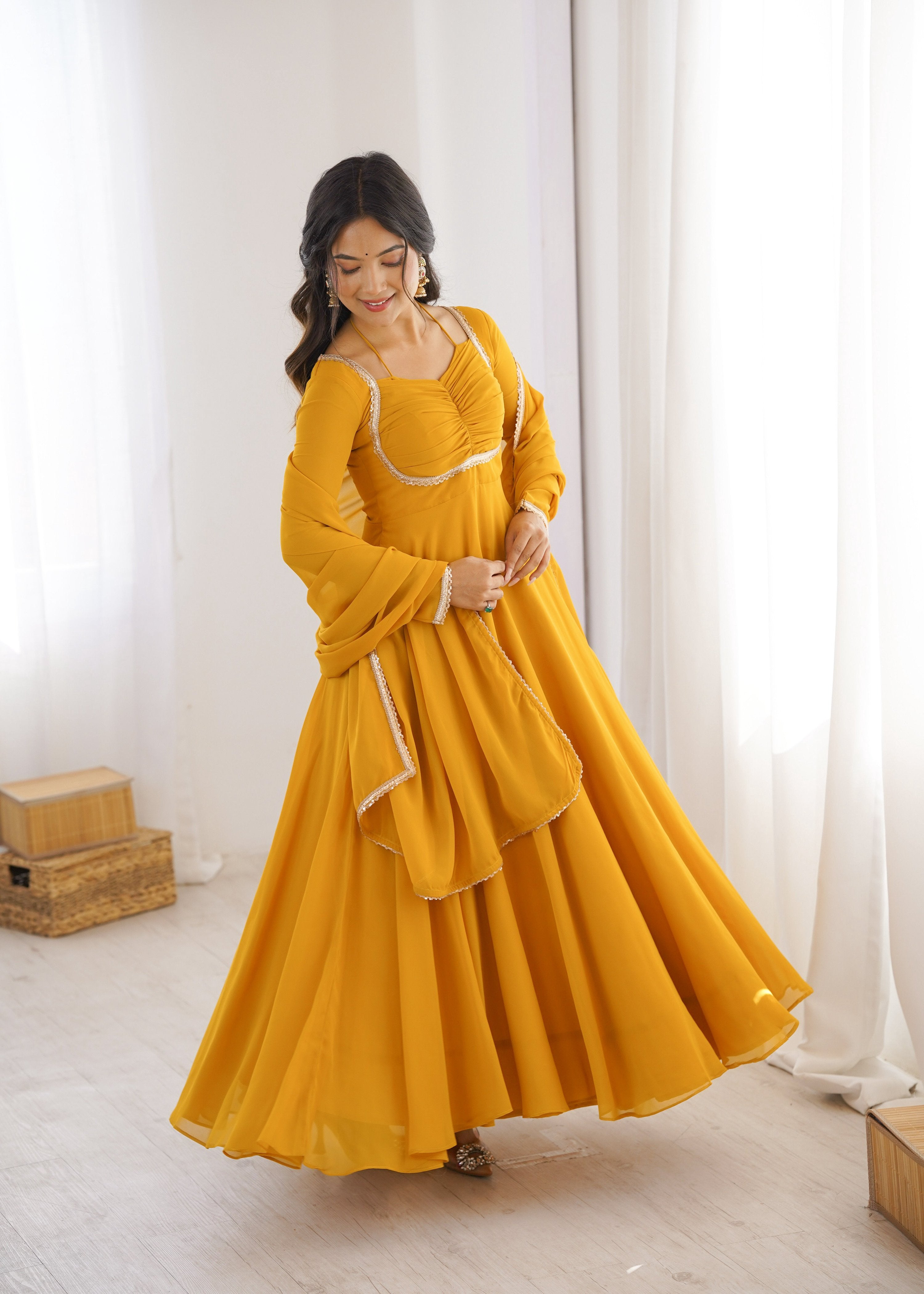 Evanik Yellow Georgette Plain Fully Flair Gown Dupatta - Distacart