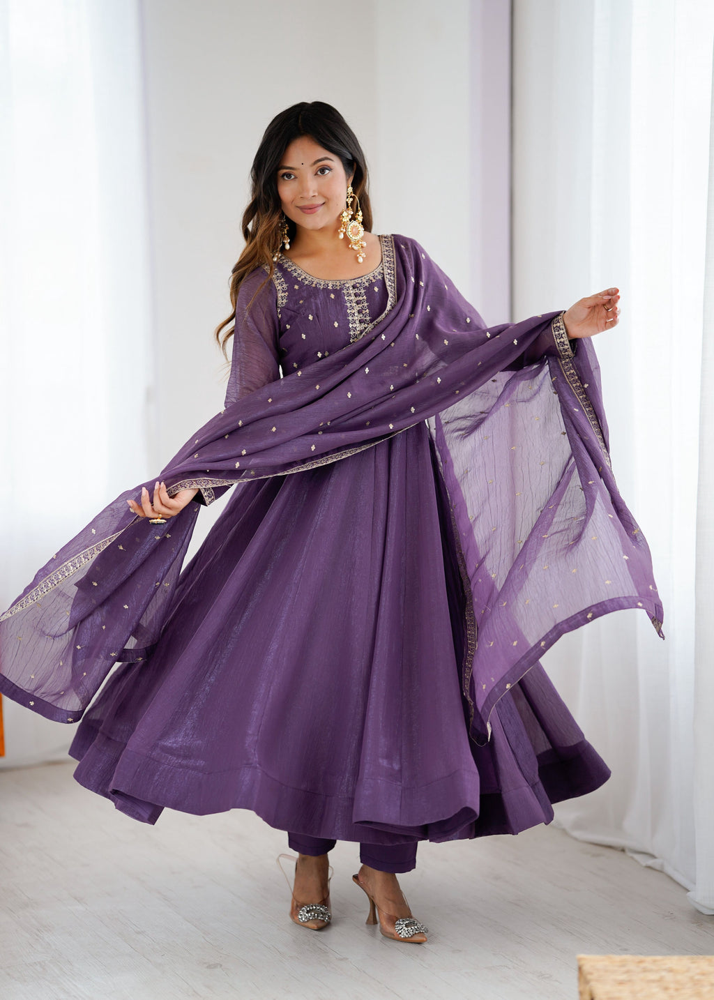 Evanik Lavender Crunchy Silk With Embroidered Zari Dori Work Anarkali Set - Distacart