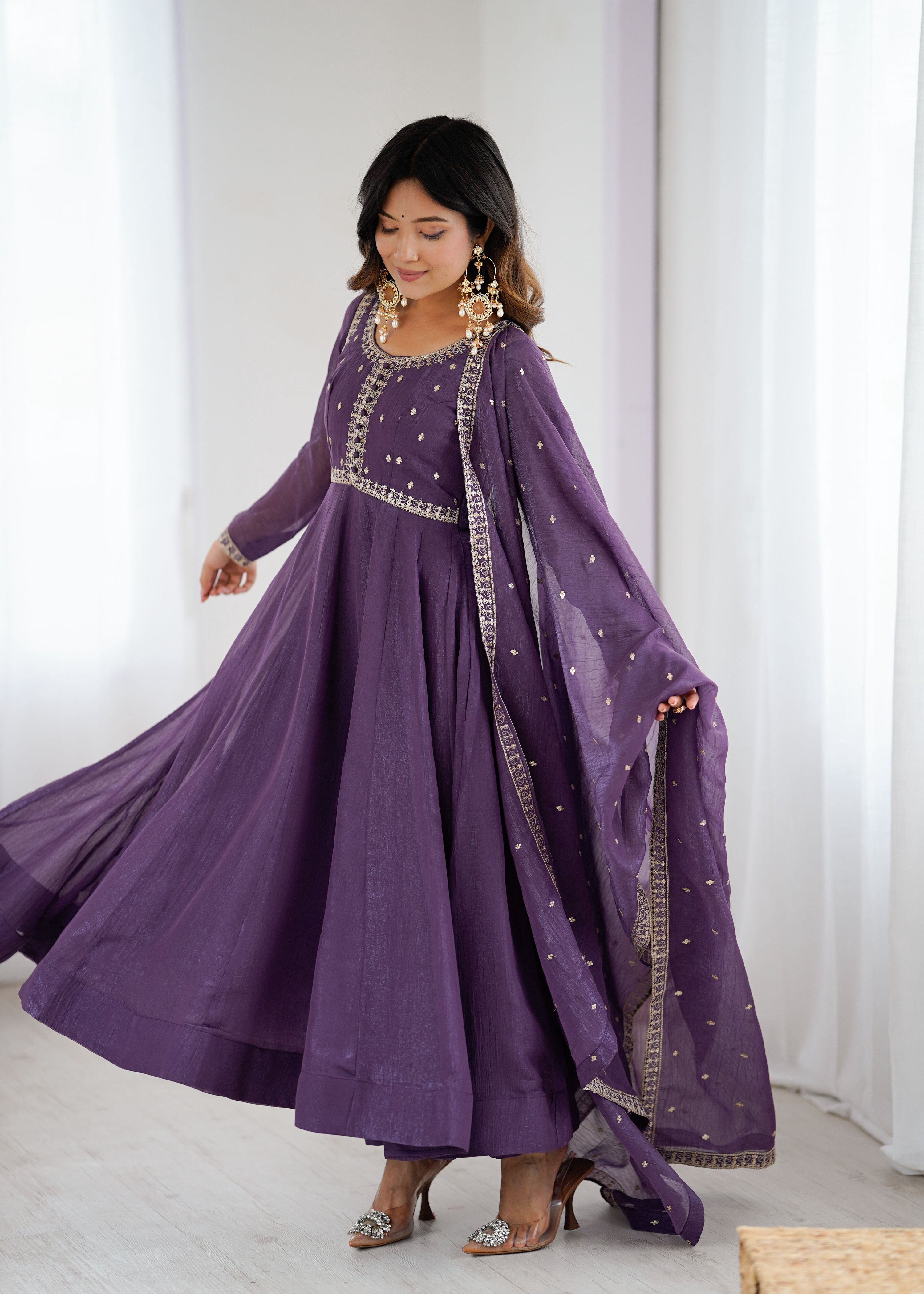 Evanik Lavender Crunchy Silk With Embroidered Zari Dori Work Anarkali Set - Distacart