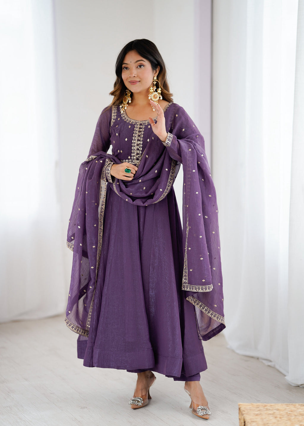 Evanik Lavender Crunchy Silk With Embroidered Zari Dori Work Anarkali Set - Distacart