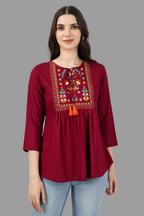 House of RP Women Marron Rayon Embroidered Flared Tunic
