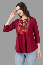 House of RP Women Marron Rayon Embroidered Flared Tunic