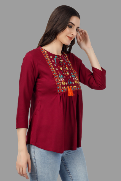 House of RP Women Marron Rayon Embroidered Flared Tunic