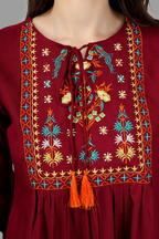 House of RP Women Marron Rayon Embroidered Flared Tunic