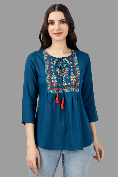 House of RP Women Light Blue Rayon Embroidered Flared Tunic