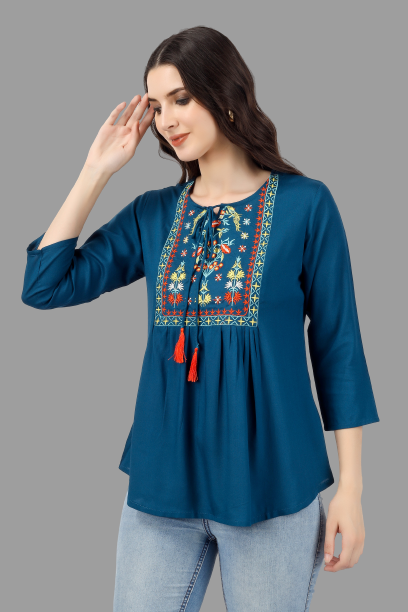 House of RP Women Light Blue Rayon Embroidered Flared Tunic