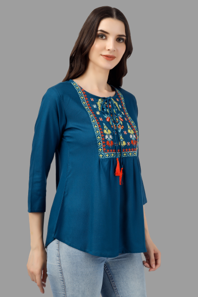 House of RP Women Light Blue Rayon Embroidered Flared Tunic