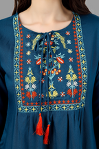 House of RP Women Light Blue Rayon Embroidered Flared Tunic