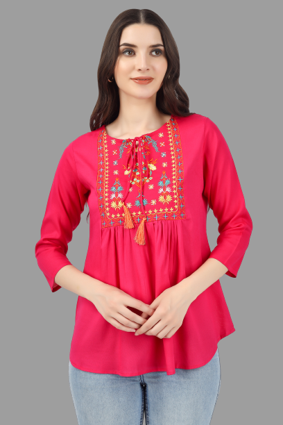 House of RP Women Pink Rayon Embroidered Flared Tunic