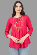 House of RP Women Pink Rayon Embroidered Flared Tunic