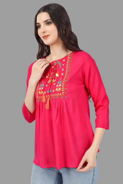 House of RP Women Pink Rayon Embroidered Flared Tunic