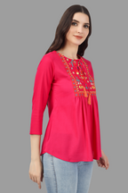 House of RP Women Pink Rayon Embroidered Flared Tunic