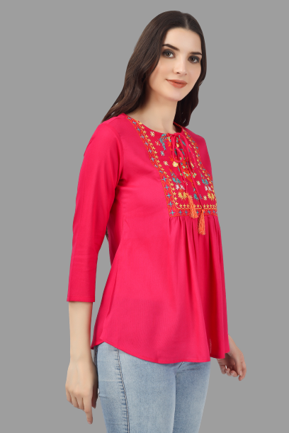 House of RP Women Pink Rayon Embroidered Flared Tunic
