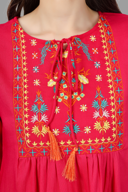 House of RP Women Pink Rayon Embroidered Flared Tunic