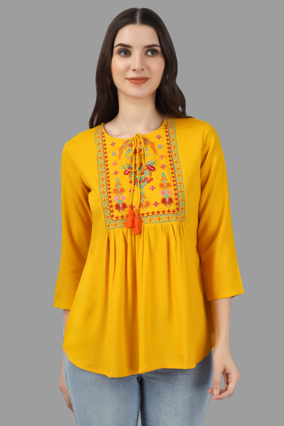 House of RP Women Yellow Rayon Embroidered Flared Tunic