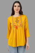 House of RP Women Yellow Rayon Embroidered Flared Tunic