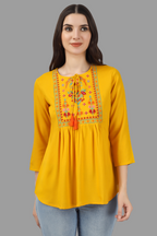 House of RP Women Yellow Rayon Embroidered Flared Tunic