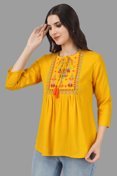 House of RP Women Yellow Rayon Embroidered Flared Tunic