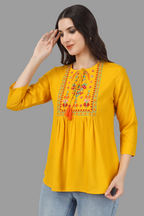 House of RP Women Yellow Rayon Embroidered Flared Tunic