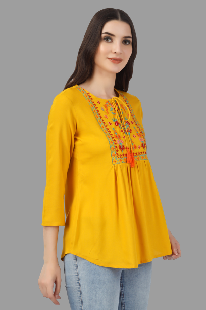 House of RP Women Yellow Rayon Embroidered Flared Tunic