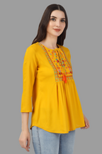 House of RP Women Yellow Rayon Embroidered Flared Tunic