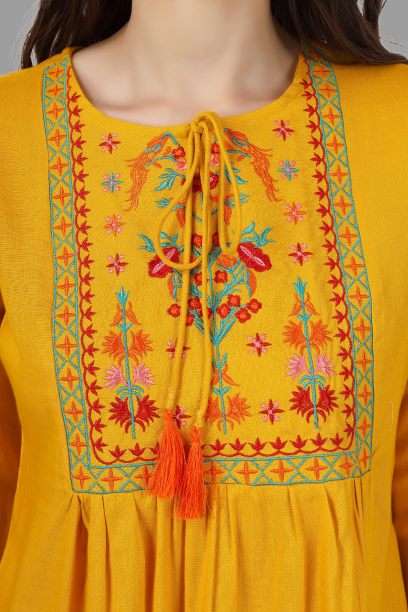 House of RP Women Yellow Rayon Embroidered Flared Tunic