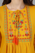 House of RP Women Yellow Rayon Embroidered Flared Tunic
