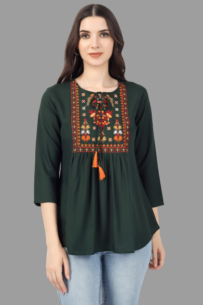 House of RP Women Green Rayon Embroidered Flared Tunic