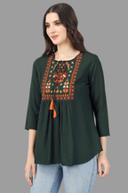 House of RP Women Green Rayon Embroidered Flared Tunic