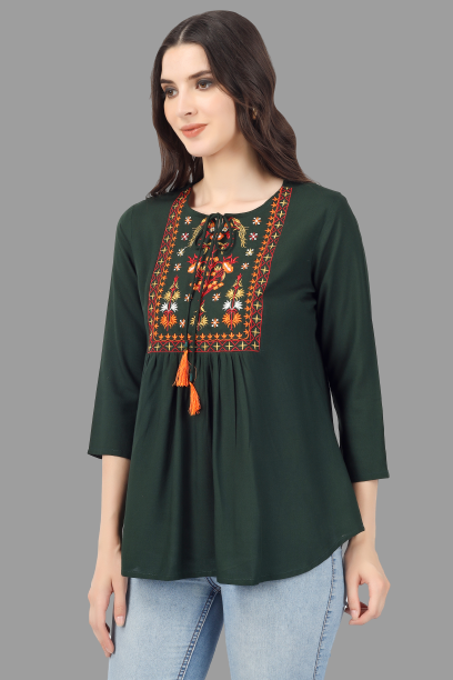House of RP Women Green Rayon Embroidered Flared Tunic