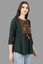 House of RP Women Green Rayon Embroidered Flared Tunic