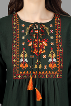 House of RP Women Green Rayon Embroidered Flared Tunic