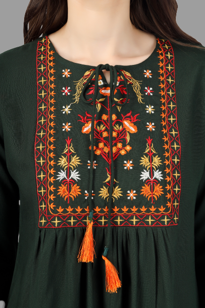 House of RP Women Green Rayon Embroidered Flared Tunic