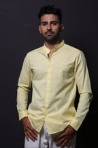 Jonesburg Yellow Slub Mandarin Collar Slim Fit Shirt