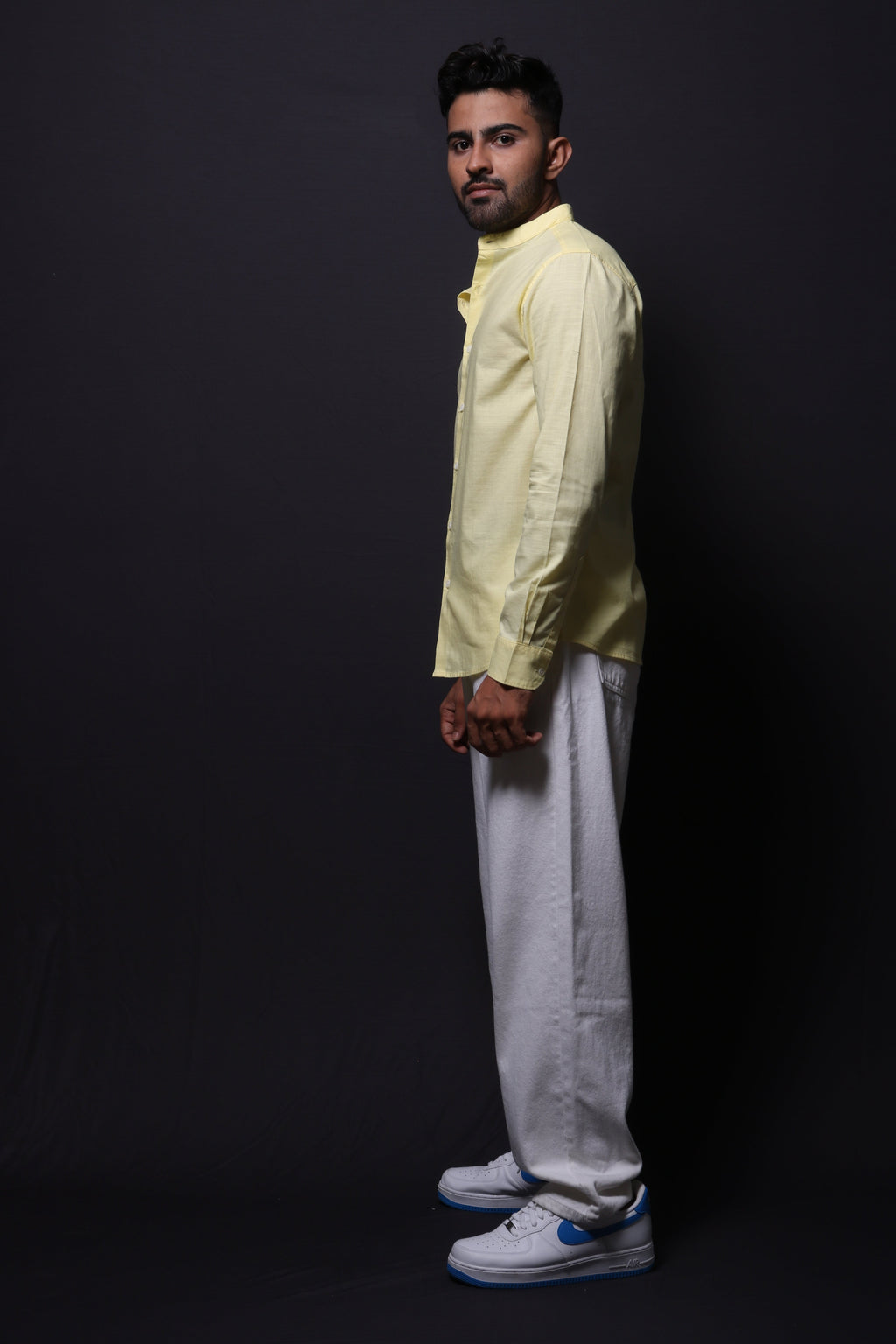 Jonesburg Yellow Slub Mandarin Collar Slim Fit Shirt