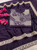 Lorenvalley Fashion Purple Rangoli Silk with Coding Sequence and Multi Lace Work Saree with Blouse - Distacart