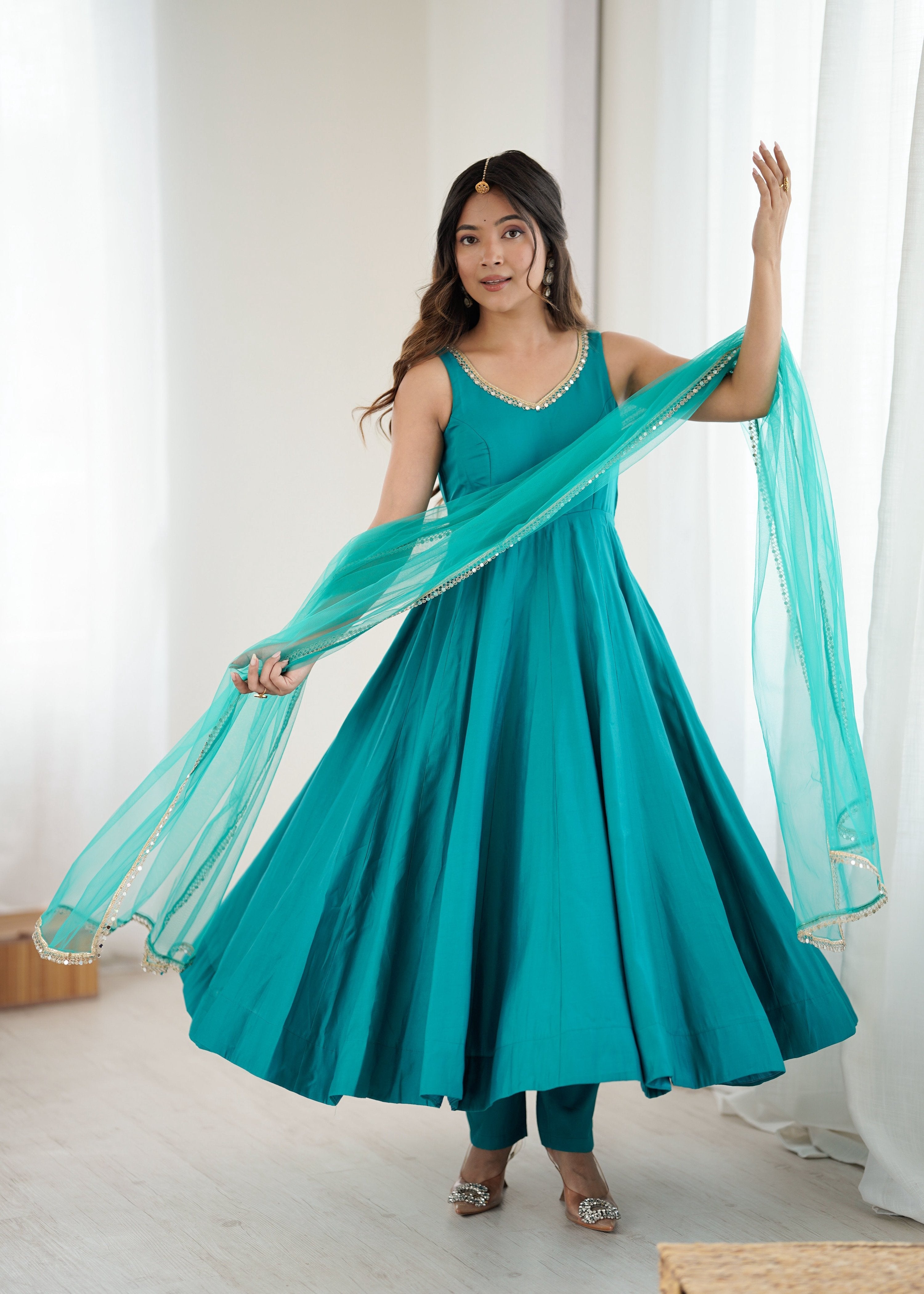 Evanik Rama Pure Romansilk Chanderi Plain Fully Flair Anarkali Suit - Distacart