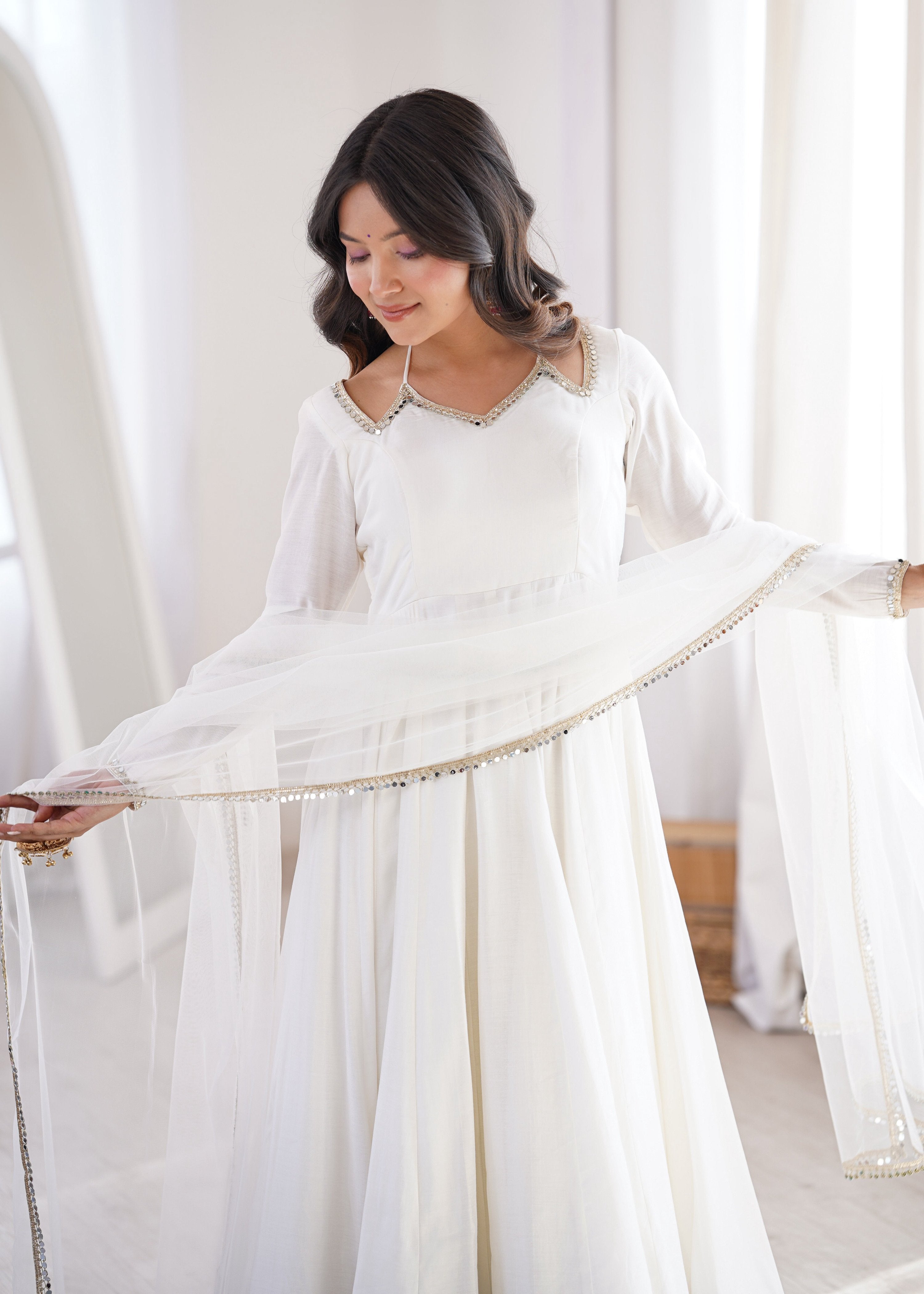 Evanik Women Off White Ethnic Anarkali Kurta Set for Festive & Wedding Wear - Distacart