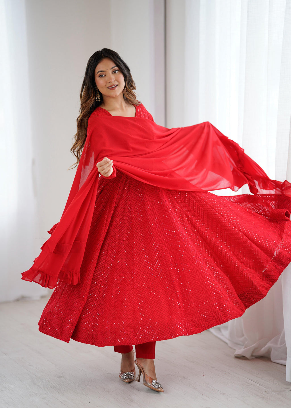 Evanik Red Heavy Faux Georgette With Lucknowi Work Anarkali Suit - Distacart