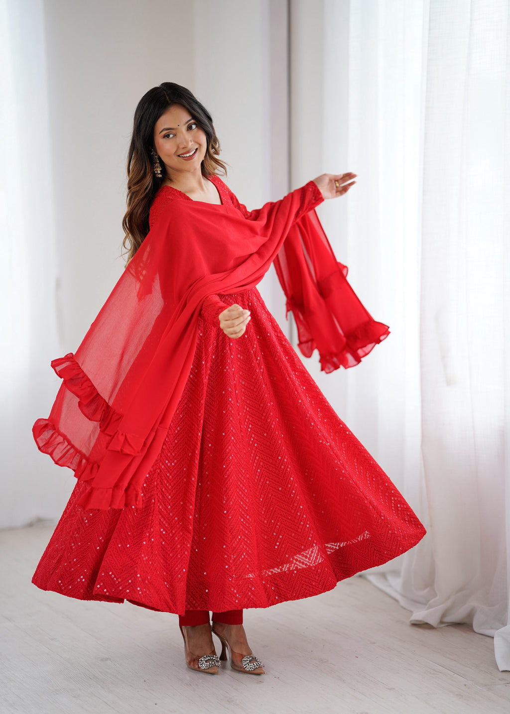 Evanik Red Heavy Faux Georgette With Lucknowi Work Anarkali Suit - Distacart